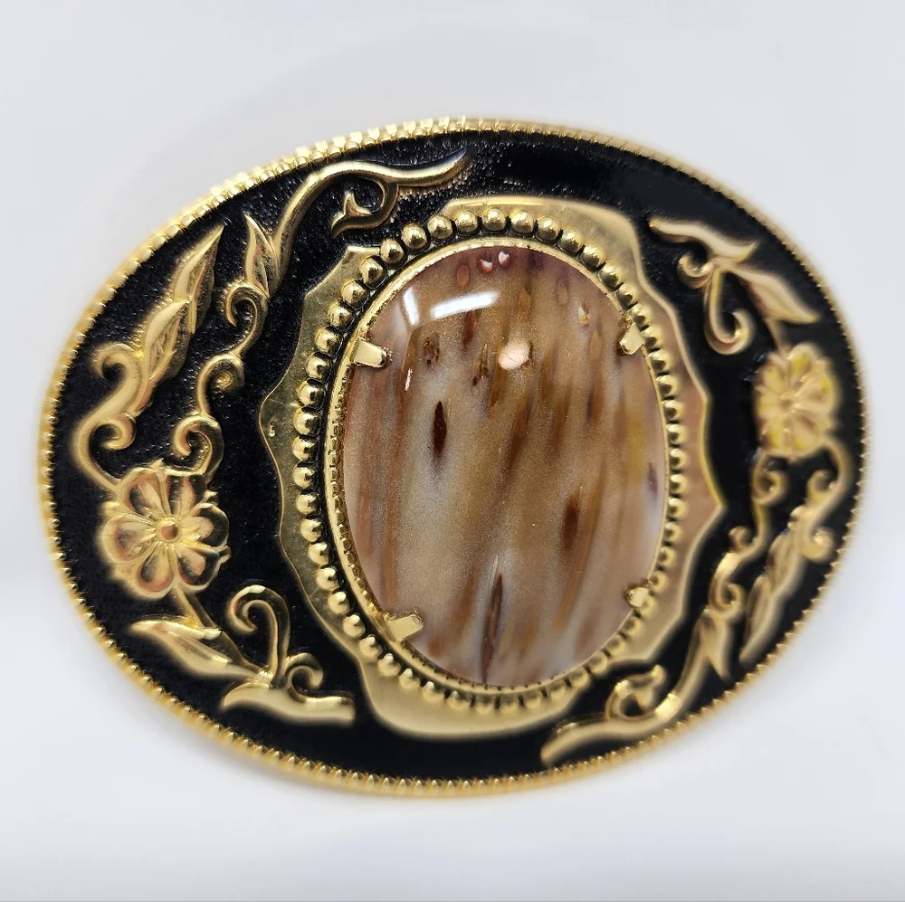 Western Style Polished Stone And Gold Tone Floral Embossed Belt Buckle - Picture 2 of 5